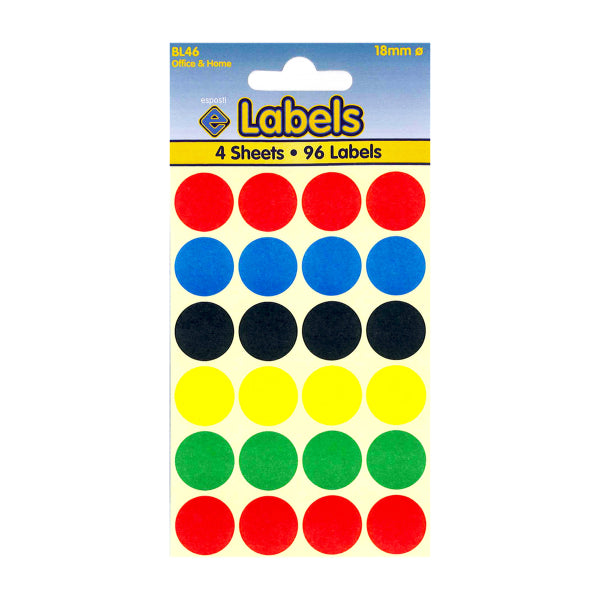 Esposti Coloured Labels Asstd Dots 18mm 4 Sheets