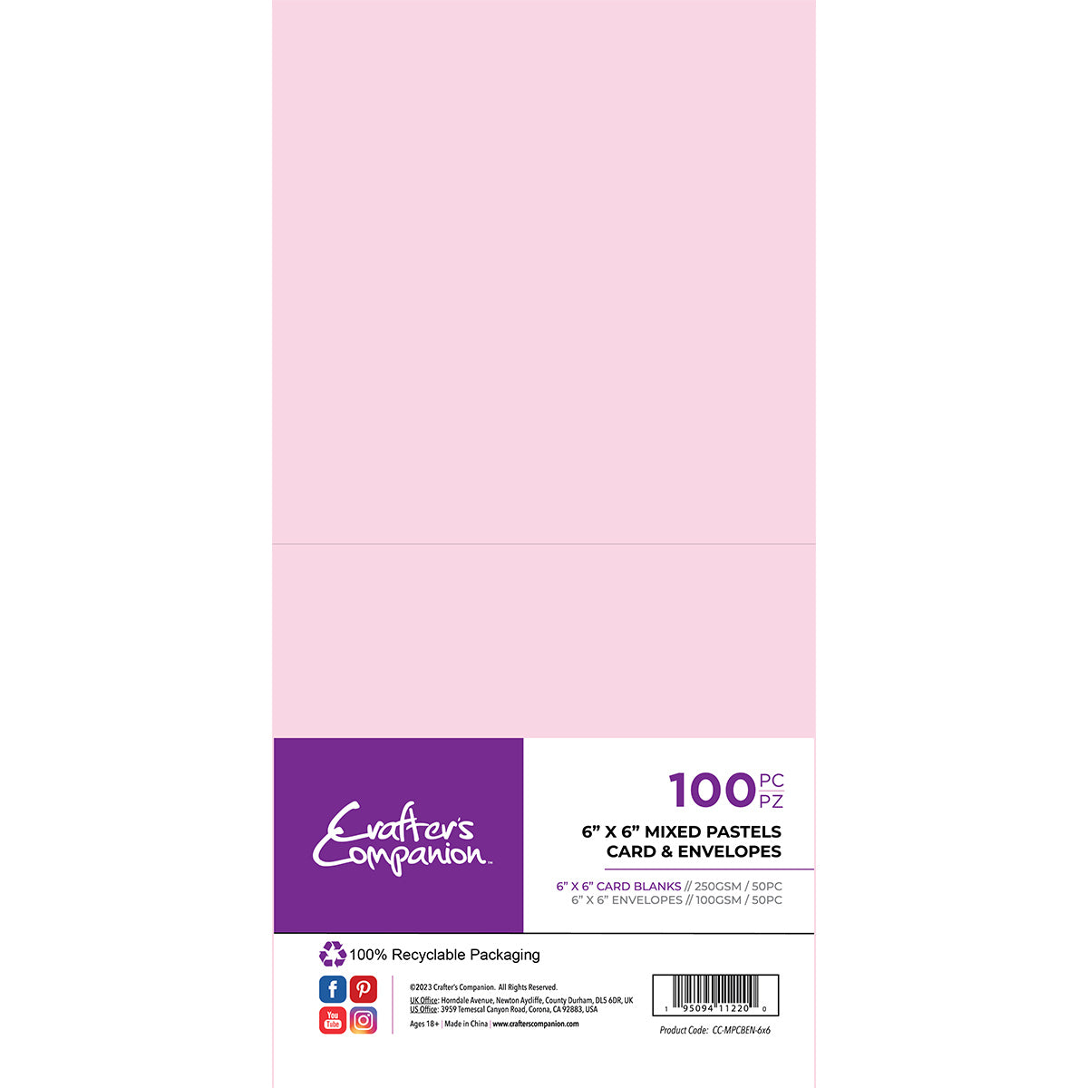 Crafter's Companion - 6"x 6" Card & Envelopes 100 piece - Mixed Pastels