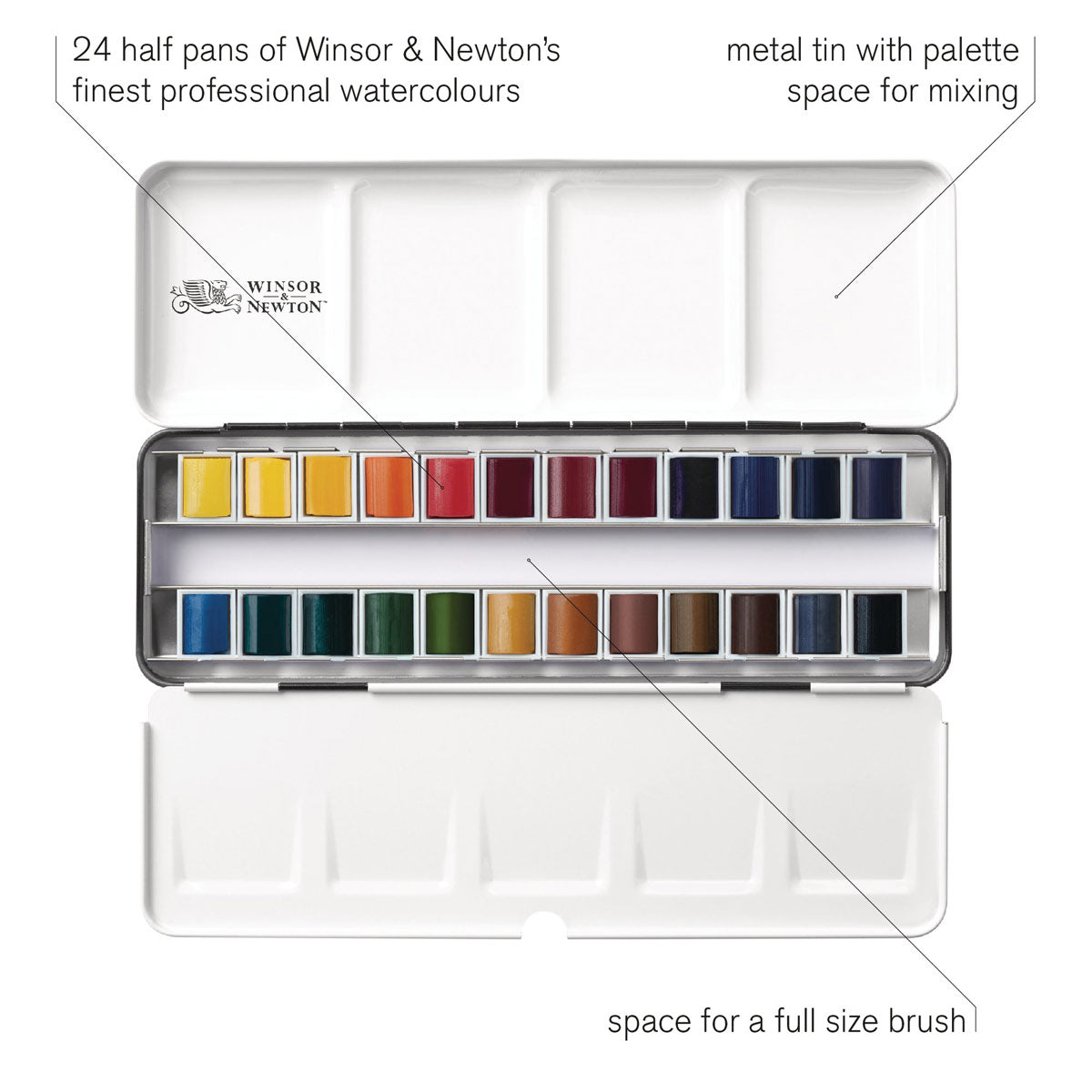 Winsor and Newton - Professional Artists' Watercolour - Lightweight Metal Box (24 Half Pans)