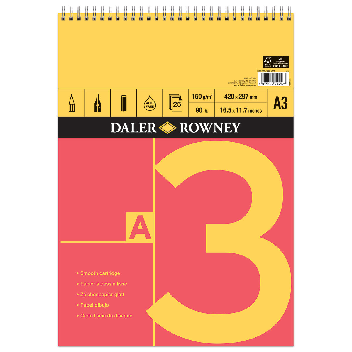 Daler Rowney - Red & Yellow Spiral Cartridge Sketch Pad - A3 - 150gsm