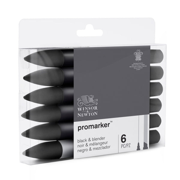 Winsor & Newton - 5x Black and 1x Blender - Promarker 6 Set