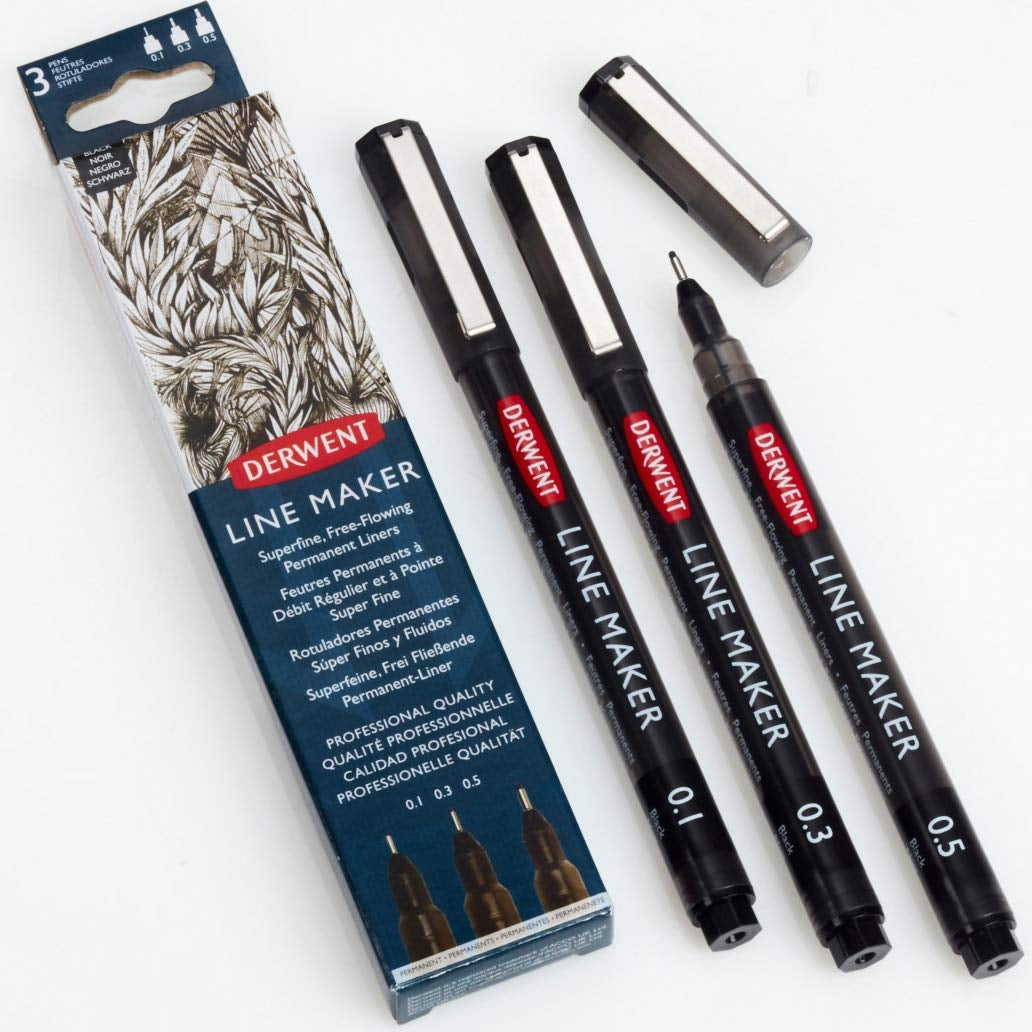 Derwent - Line Maker Pens - Black - 3x Assorted Size Nibs