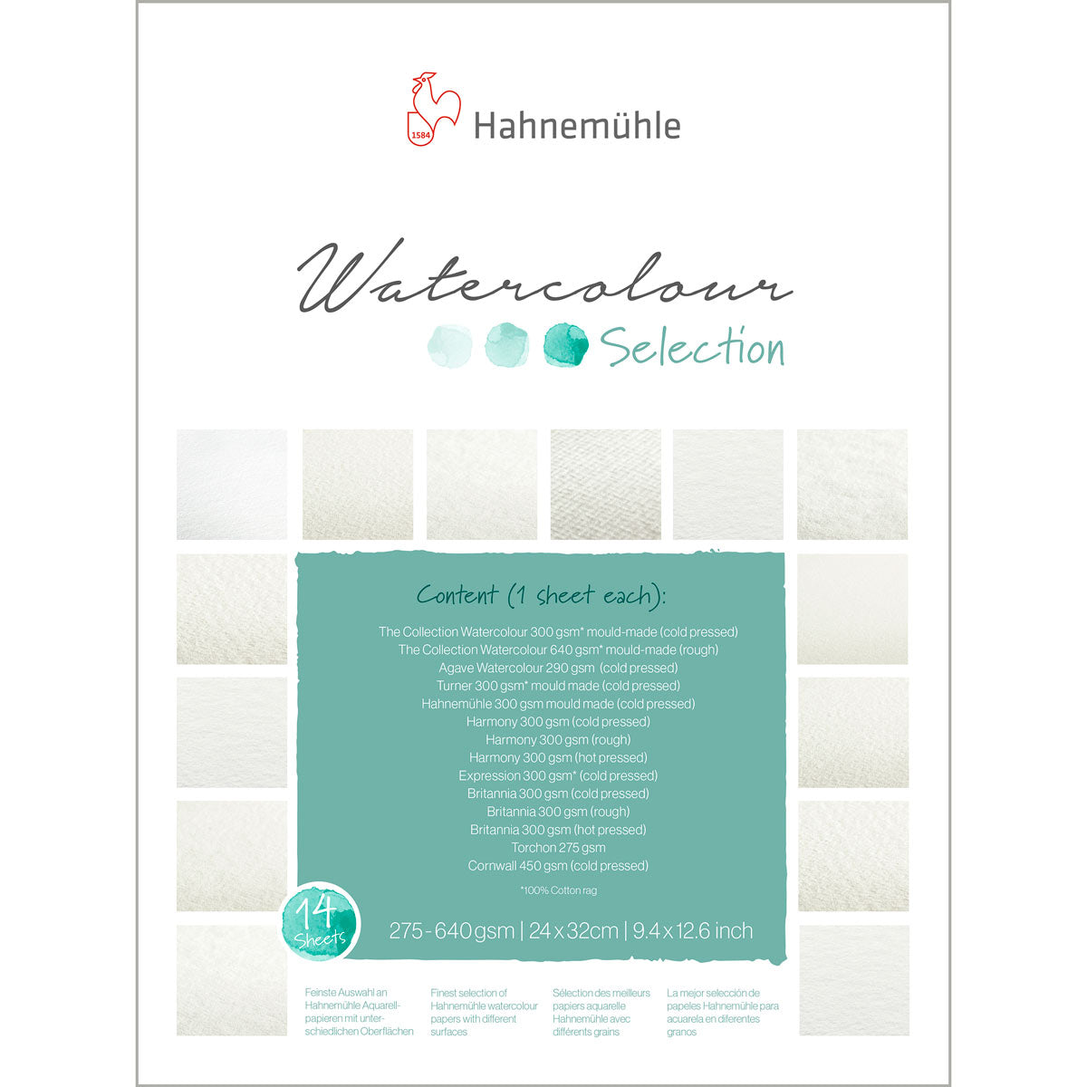 HAHNEMUHLE - Waterverfselectieselectie Papierkussen 14 Verschillende vellen 24 x 32 cm