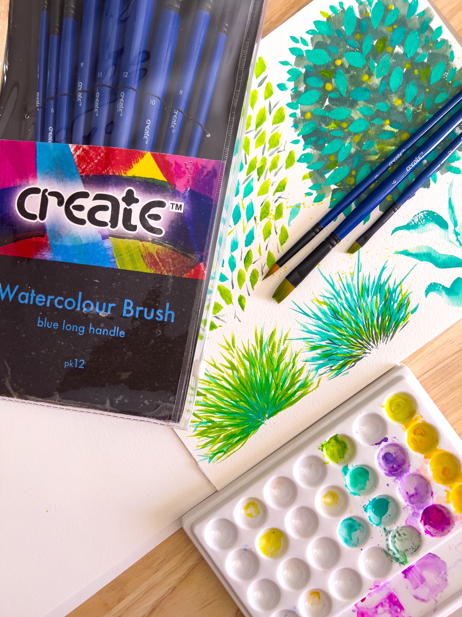 Create Blue Long Handle Watercolour Brush Pack of 12