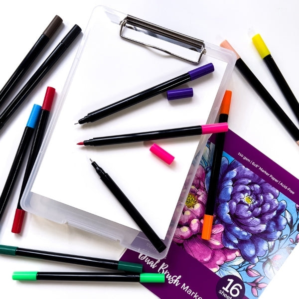 Elements - Waterbased Ink 12x Dual Tip Markers with 6x8" (15x20cm) Paper & Clipboard
