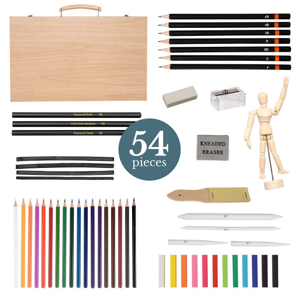  Sketching Art Set with Manikin - 54 Piece Beginners Wooden Box  Set for Sketching & Coloring Supplies for Artists, Beginners, Kids, Adults  and Professionals