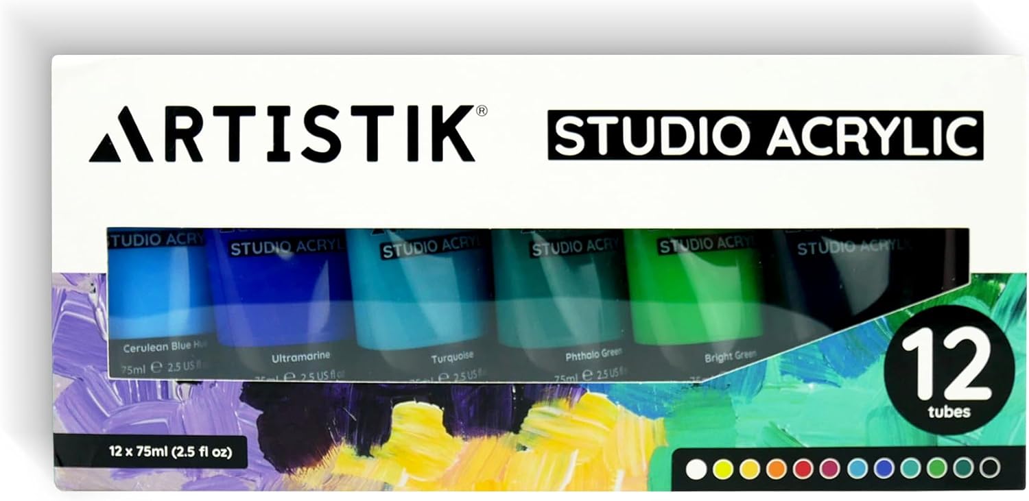ARTISTIK Studio Acrylic Paints - 12 x 75ml Acrylic Paint Tube Set with 3 Brushes - Premium Student Quality Highly-Pigmented Colours Non-Toxic for Canvas, Paper, Wood and More