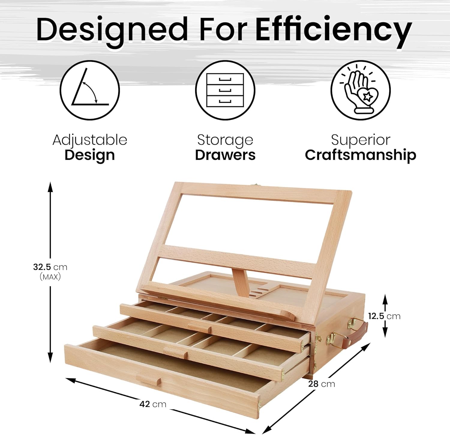 Artistik Table Easel Box with Built-in Storage Drawer, Adjustable Beechwood Storage Desk Easel for Painting – Lightweight, Travel-Ready Design, Ideal for Artists - 3 Draws