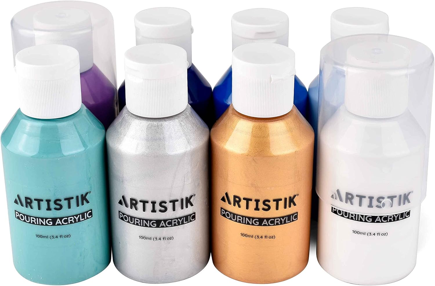 ARTISTIK Acrylic Pouring Paints - 8 x 100ml Paint Colour Set with 2 Mixing Cups - , Canvas, Glass, Paper, Wood, Stone, Tile