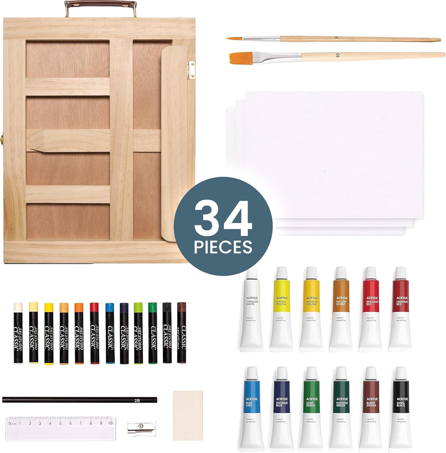 Artistik Mixed Media Easel Art Set – 34-Pc Wooden Desktop Easel Box Paint Set with Acrylic Paints, 3 Canvas Boards & Oil Pastels – Beginners & Artists Painting Kit