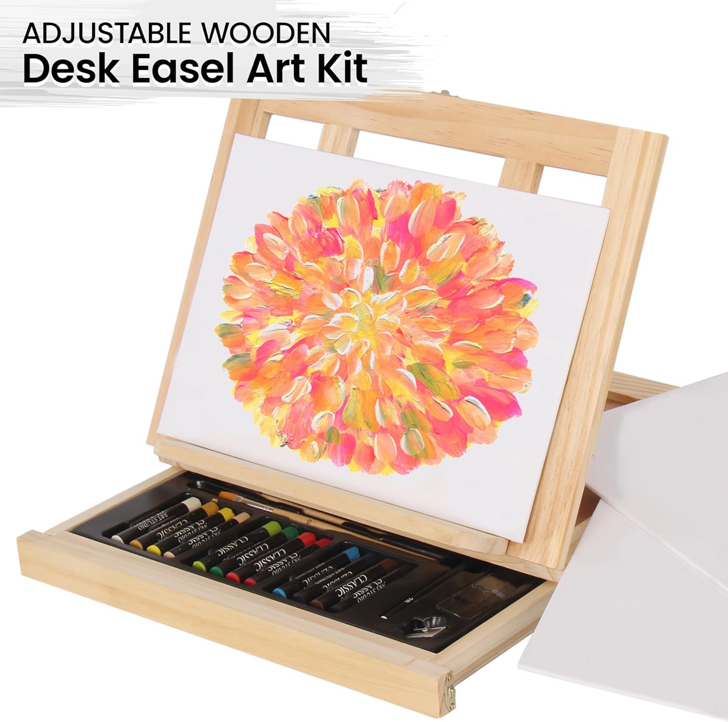 Artistik Mixed Media Easel Art Set – 34-Pc Wooden Desktop Easel Box Paint Set with Acrylic Paints, 3 Canvas Boards & Oil Pastels – Beginners & Artists Painting Kit