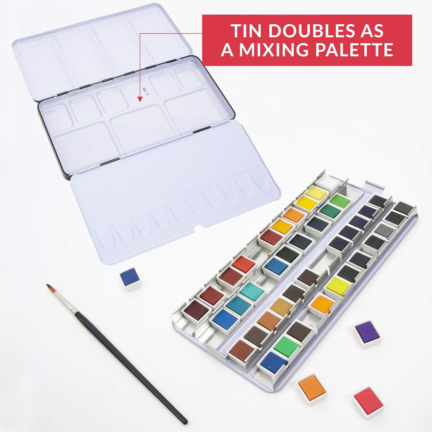 Artistik 48 Half Pan Watercolour Paint Set - Premium Assorted Vibrant Colour Paints - Compact & Lightweight Palette in Metal Carrying Case, Ideal Travel Set for Beginners, Students & Professional Artists