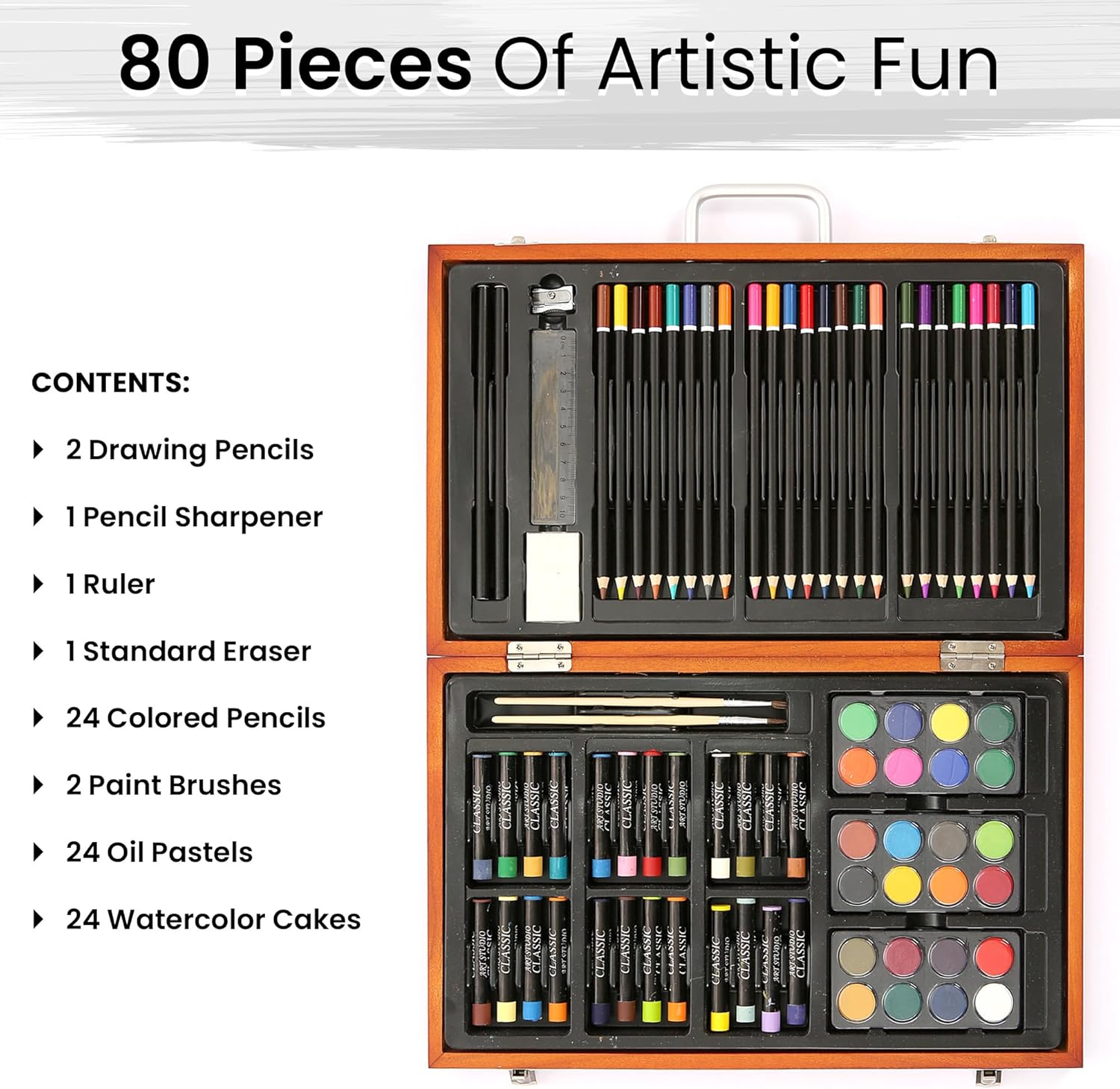 ARTISTIK Junior Art Set – 80-Piece Art Set with Wooden Case - Watercolour Painting, Colouring, and Drawing Kit