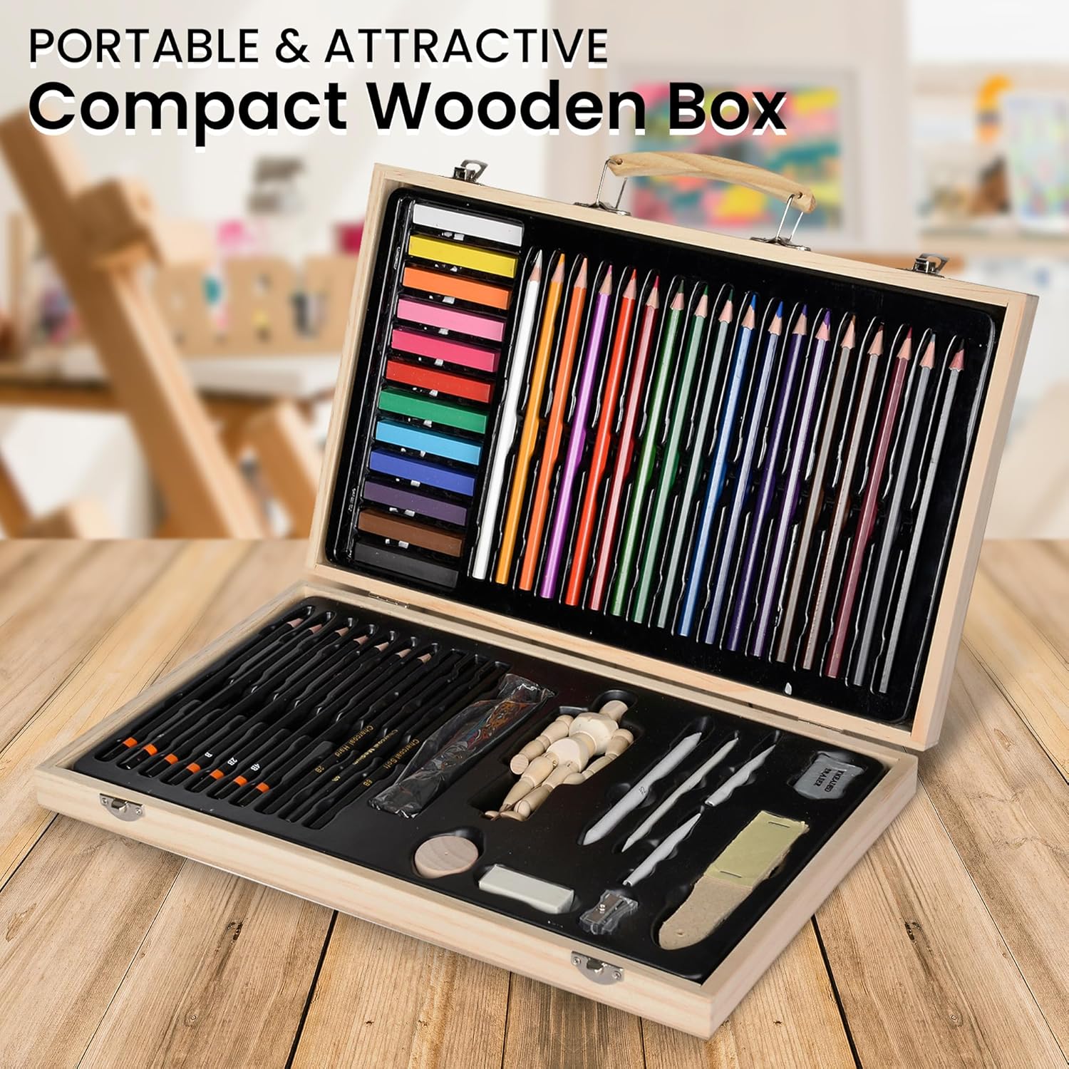 ARTISTIK Sketching Set with Wooden box and Mannequin – 54-Pc Portable Art Kit with Coloring & Sketching Pencils and Artist Accessories for Professionals & Beginners