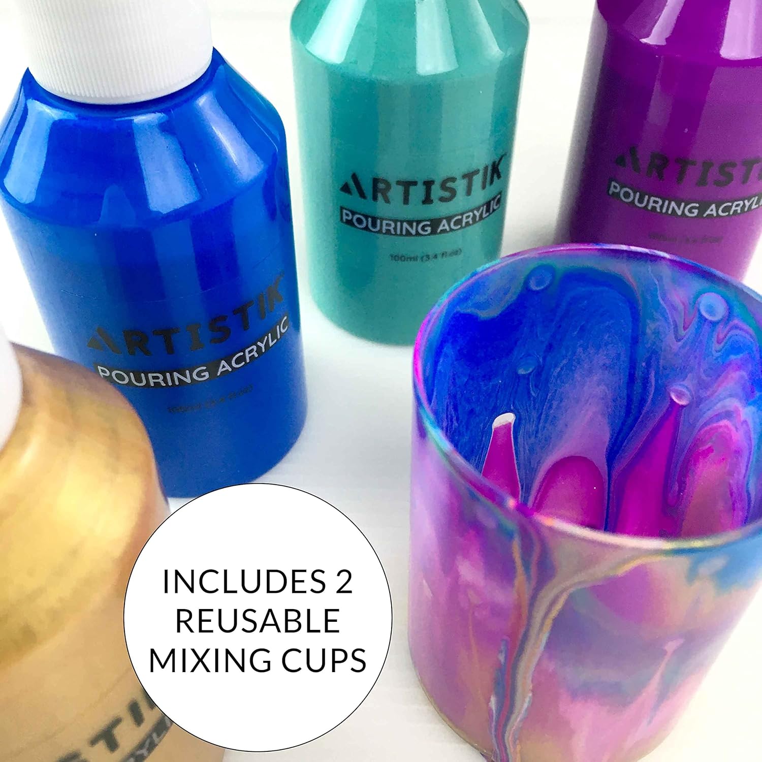 ARTISTIK Acrylic Pouring Paints - 8 x 100ml Paint Colour Set with 2 Mixing Cups - , Canvas, Glass, Paper, Wood, Stone, Tile