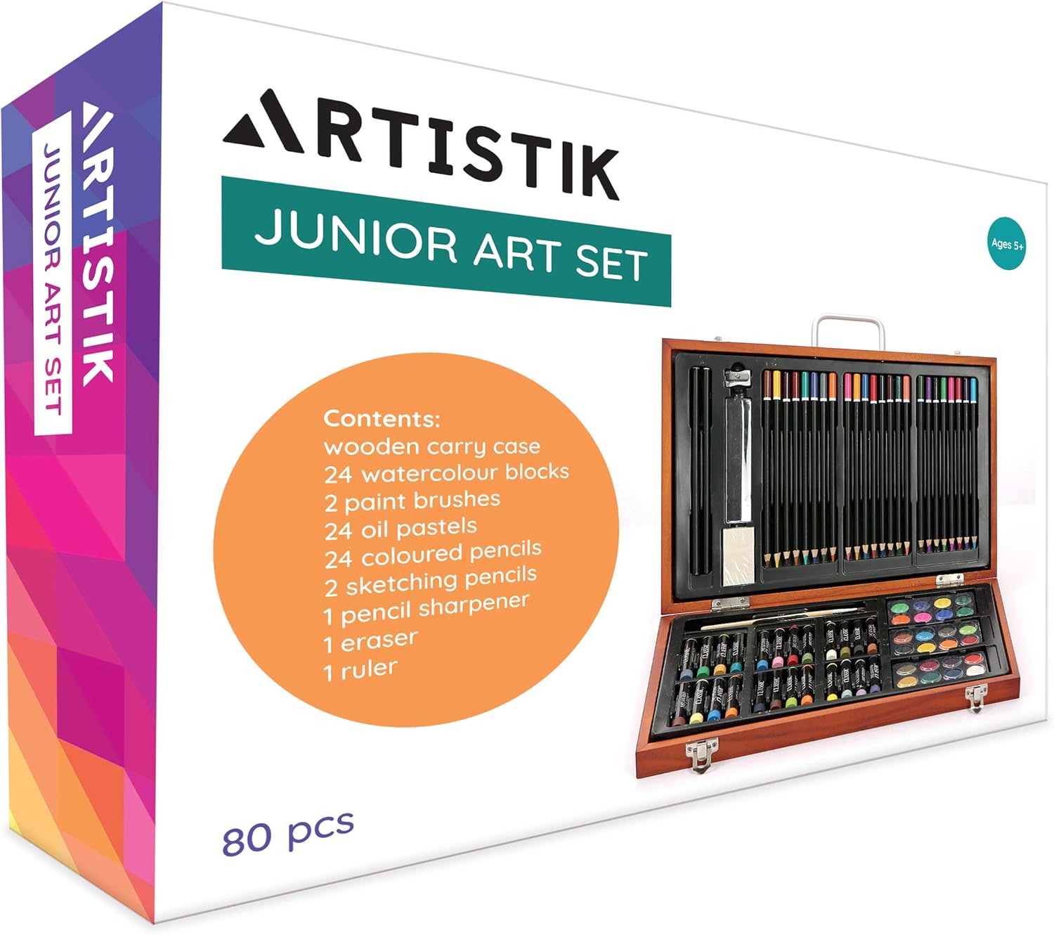 ARTISTIK Junior Art Set – 80-Piece Art Set with Wooden Case - Watercolour Painting, Colouring, and Drawing Kit