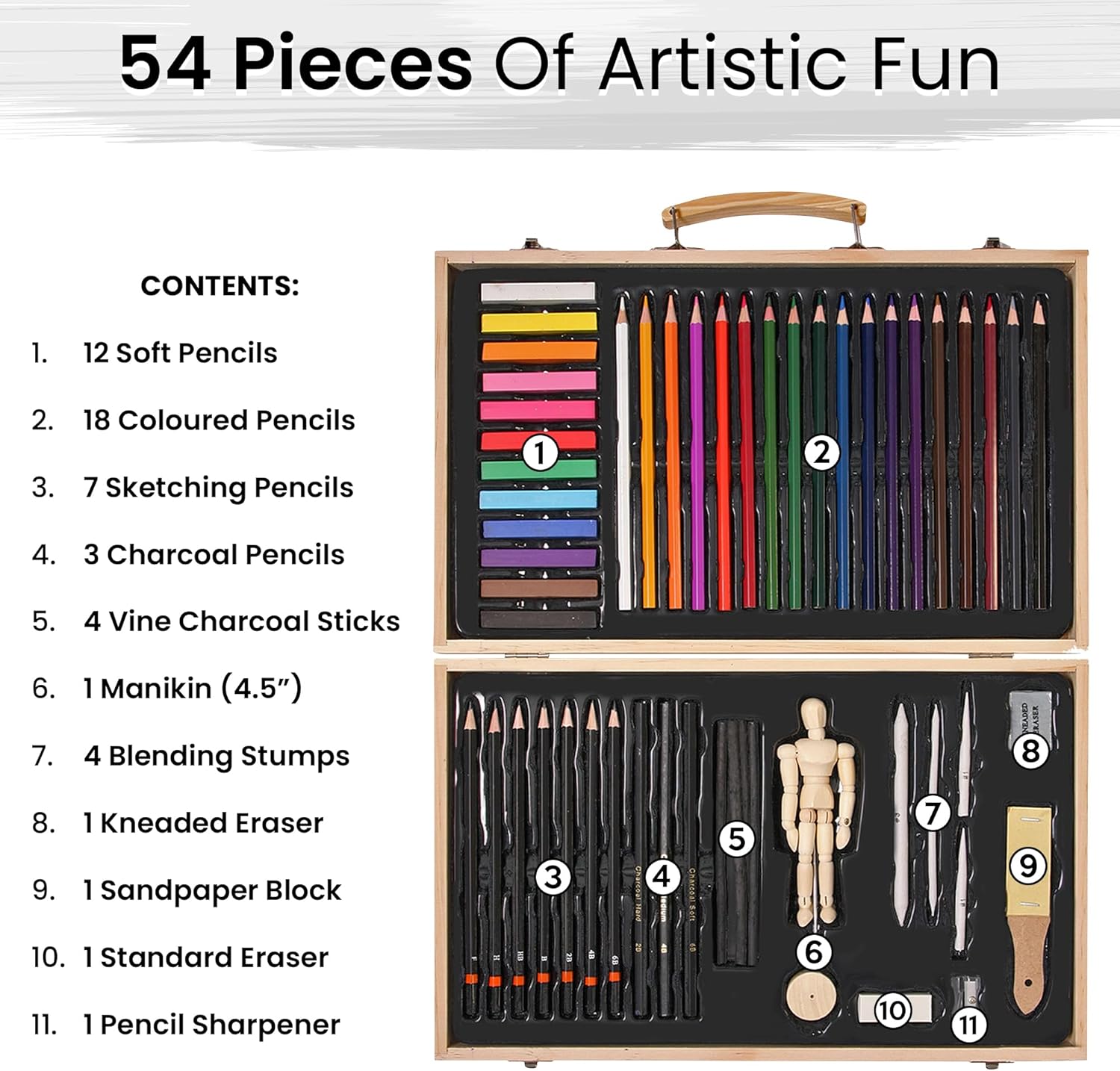 ARTISTIK Sketching Set with Wooden box and Mannequin – 54-Pc Portable Art Kit with Coloring & Sketching Pencils and Artist Accessories for Professionals & Beginners