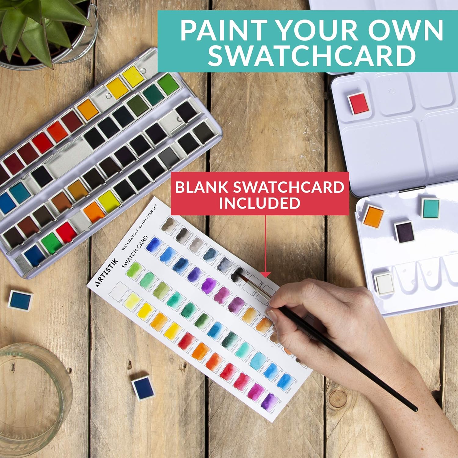 Artistik 48 Half Pan Watercolour Paint Set - Premium Assorted Vibrant Colour Paints - Compact & Lightweight Palette in Metal Carrying Case, Ideal Travel Set for Beginners, Students & Professional Artists