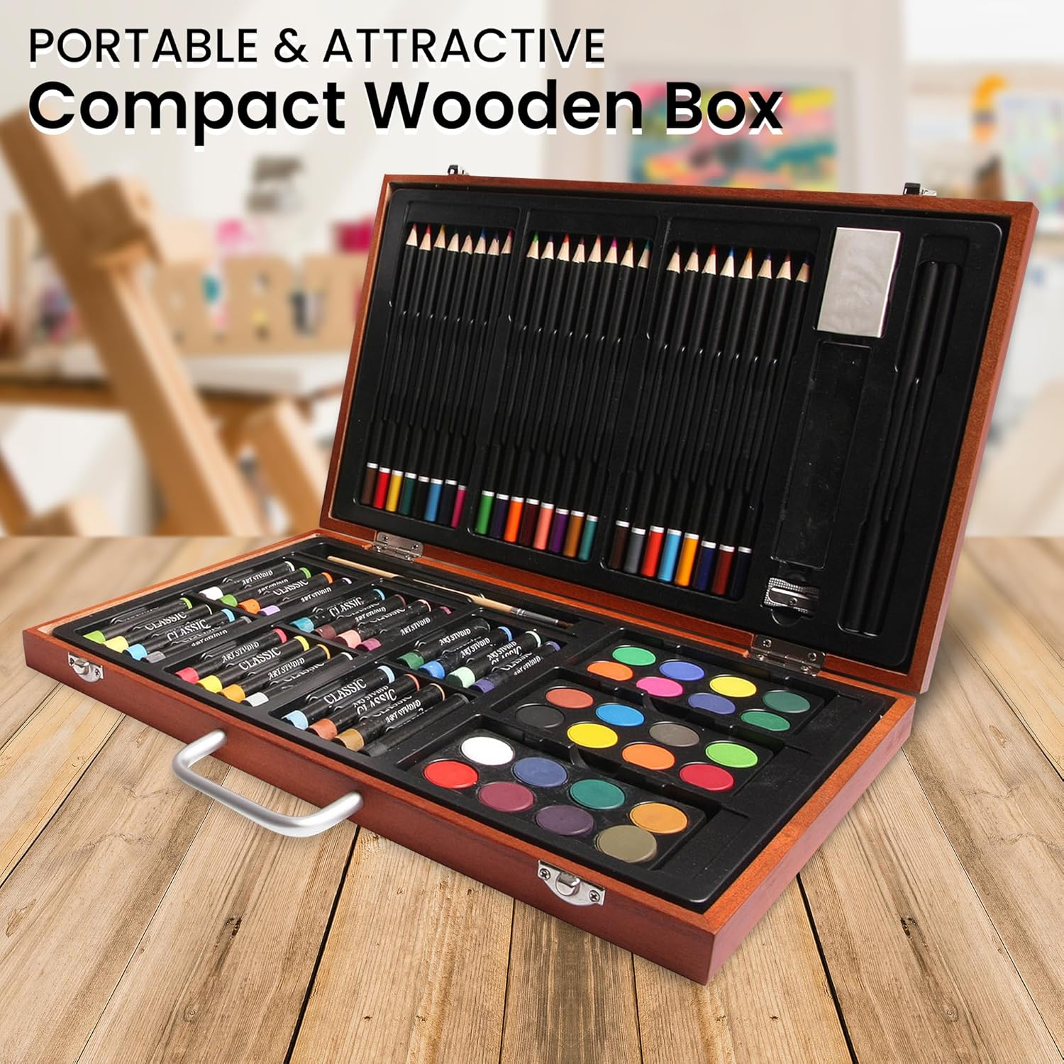 ARTISTIK Junior Art Set – 80-Piece Art Set with Wooden Case - Watercolour Painting, Colouring, and Drawing Kit