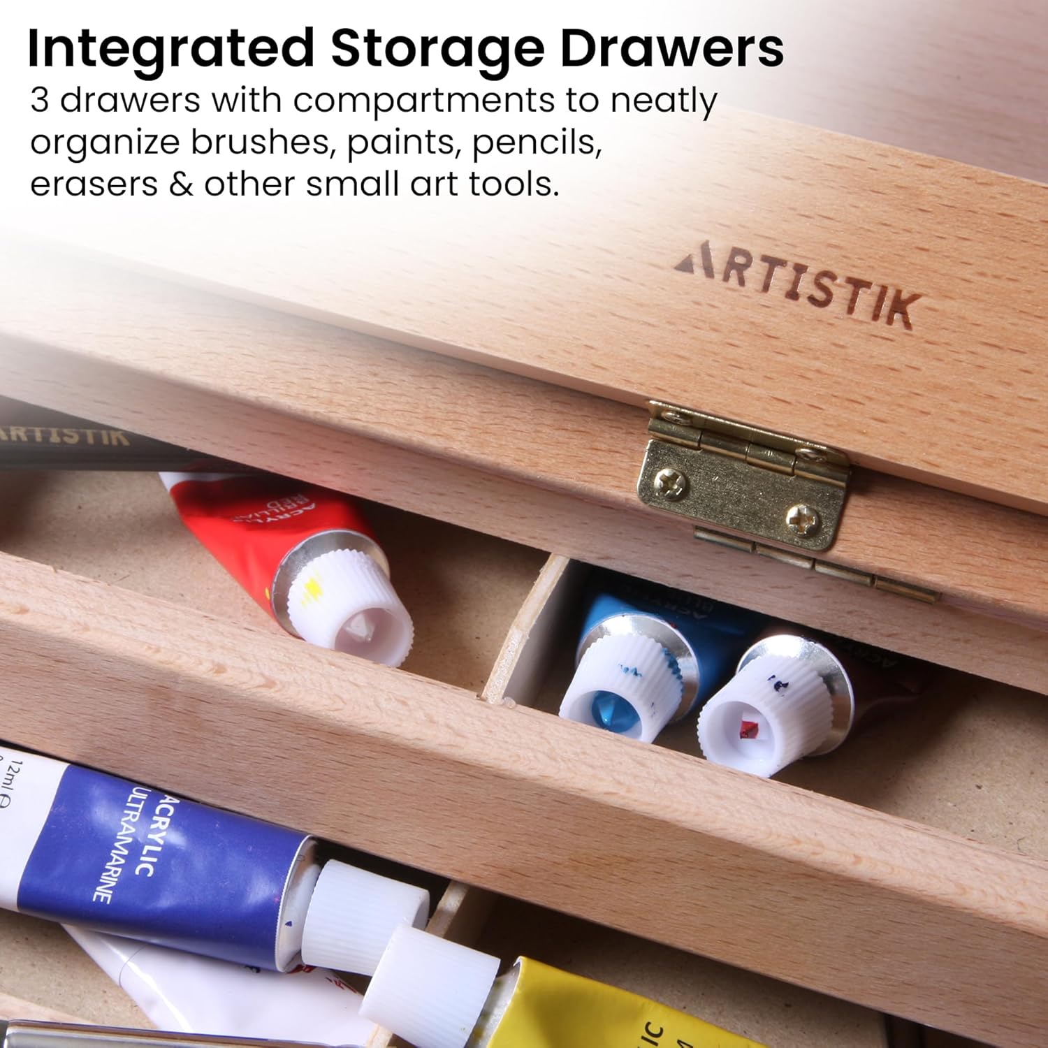 Artistik Table Easel Box with Built-in Storage Drawer, Adjustable Beechwood Storage Desk Easel for Painting – Lightweight, Travel-Ready Design, Ideal for Artists - 3 Draws