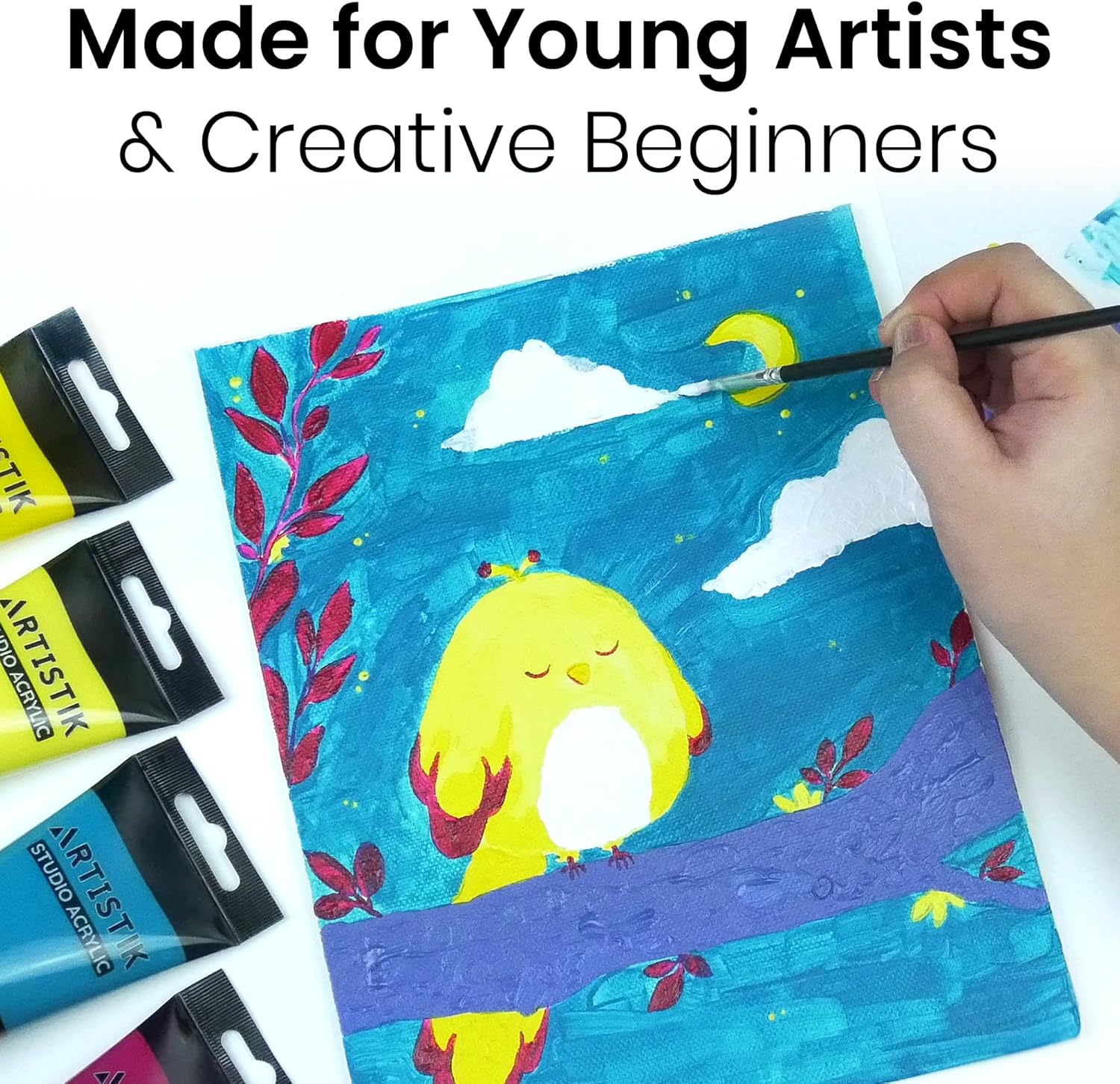 ARTISTIK Studio Acrylic Paints - 12 x 75ml Acrylic Paint Tube Set with 3 Brushes - Premium Student Quality Highly-Pigmented Colours Non-Toxic for Canvas, Paper, Wood and More