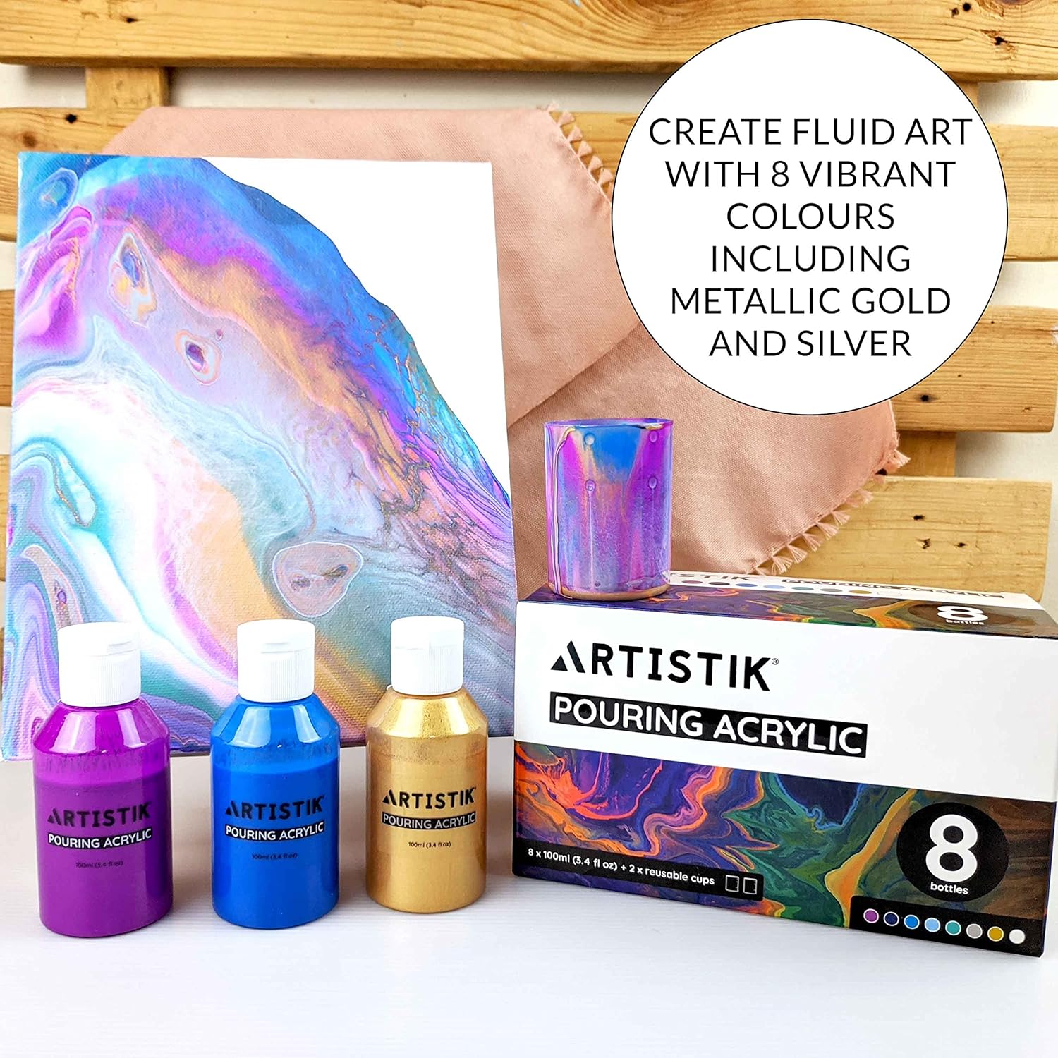 ARTISTIK Acrylic Pouring Paints - 8 x 100ml Paint Colour Set with 2 Mixing Cups - , Canvas, Glass, Paper, Wood, Stone, Tile