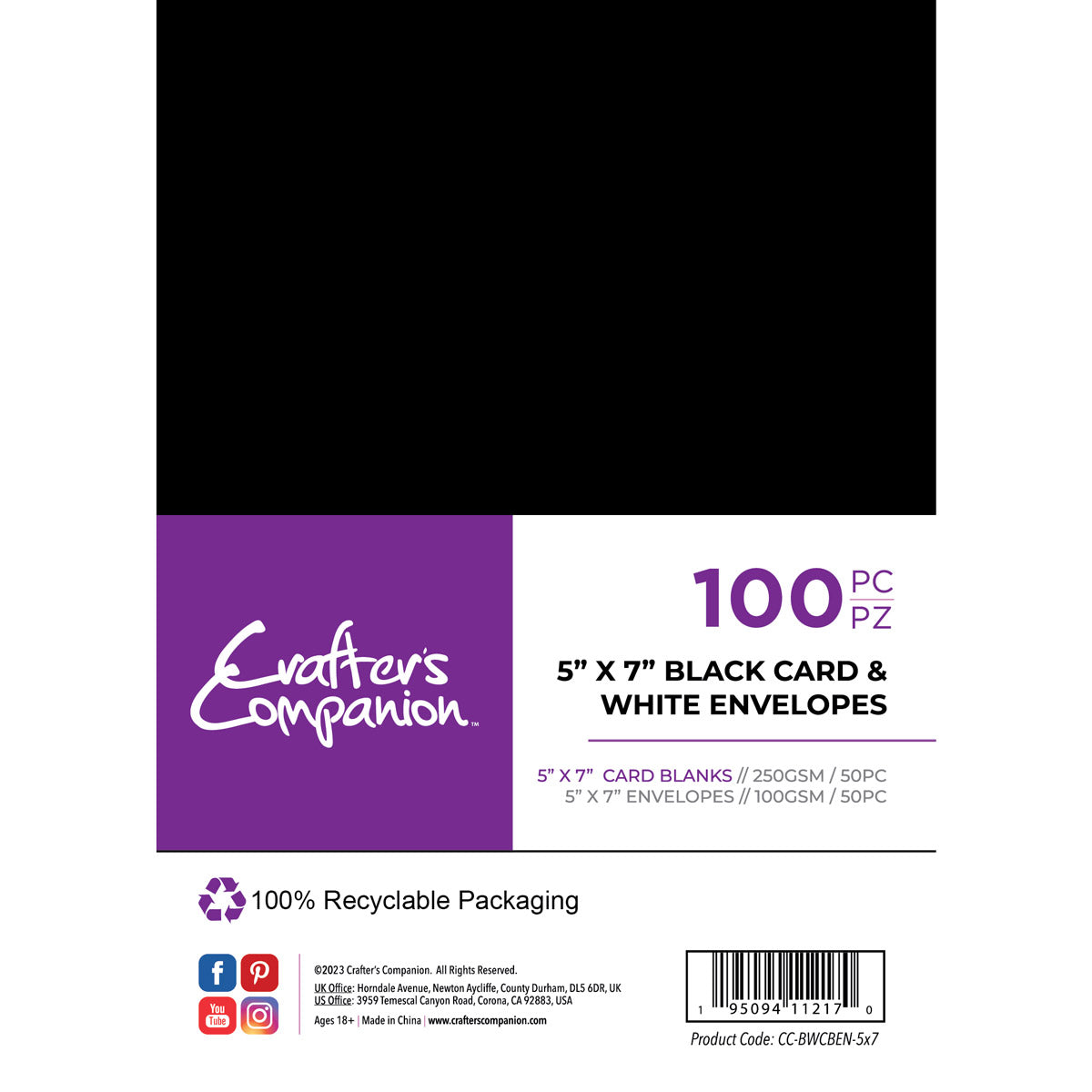 Crafter's Companion - 5 "x 7" Schwarze Karten & weiße Umschläge 100 Stück -
