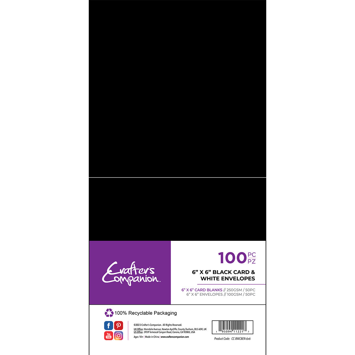 Crafter's Companion - 6"x 6" Black Card & White Envelopes 100 piece