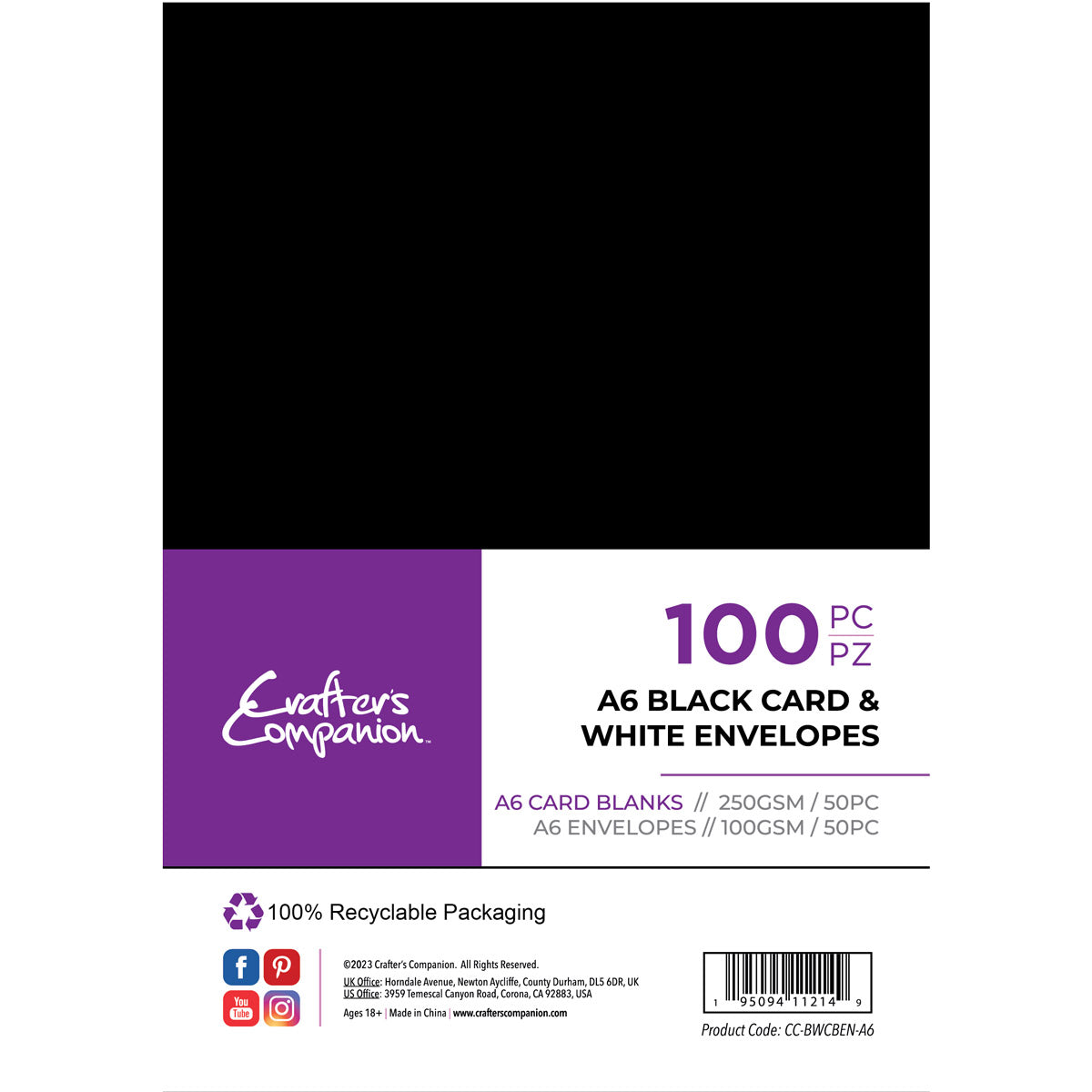 Crafter's Companion - A6 Black Cards & White Envelopes 100 -stukje