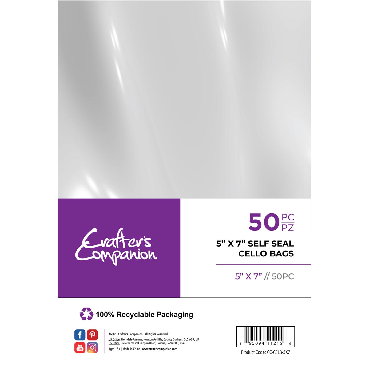 Crafter's Companion - Self Seal Cellophane Card Bags - 5" x 7" 50 pack