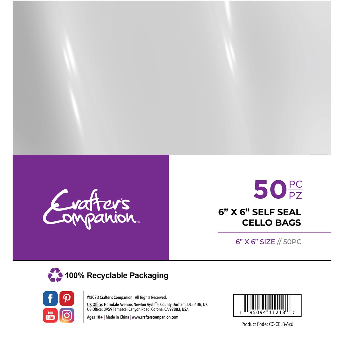Crafter's Companion - Self Seal Cellophane Card Bags - 6" x 6" 50 pack