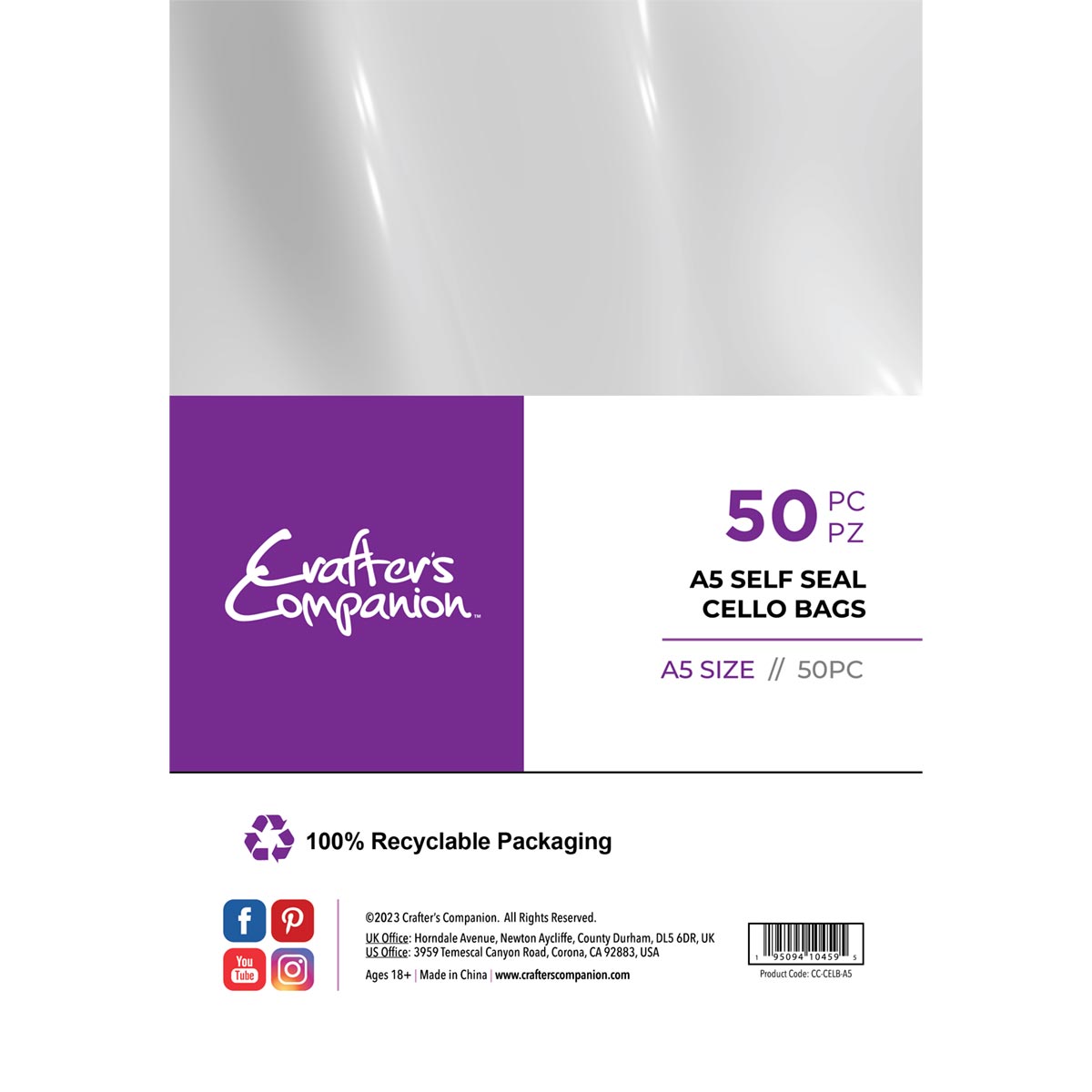 Crafter's Companion - Self Seal Cellophane Card Bags - A5 50 pack