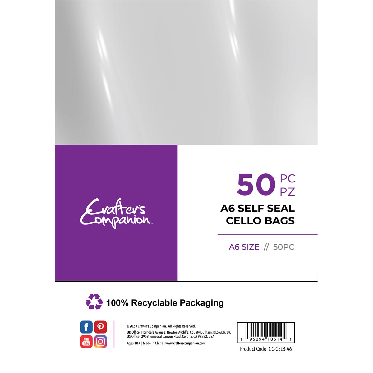 Crafter's Companion - Self Seal Cellophane Card Bags - A6 50 pack
