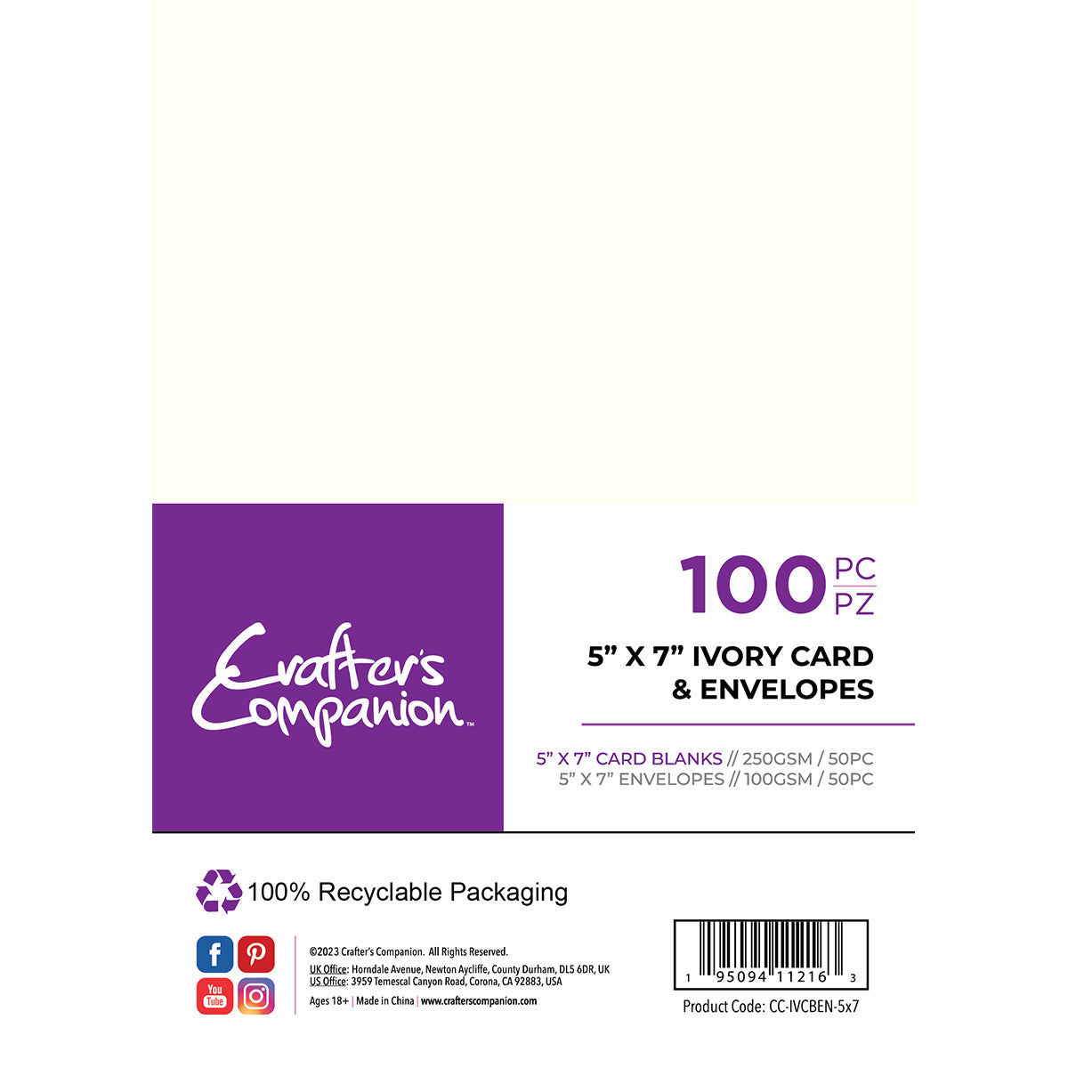 Crafter's Companion - 5 "x 7" kaarten & enveloppen 100 stukjes - Ivory