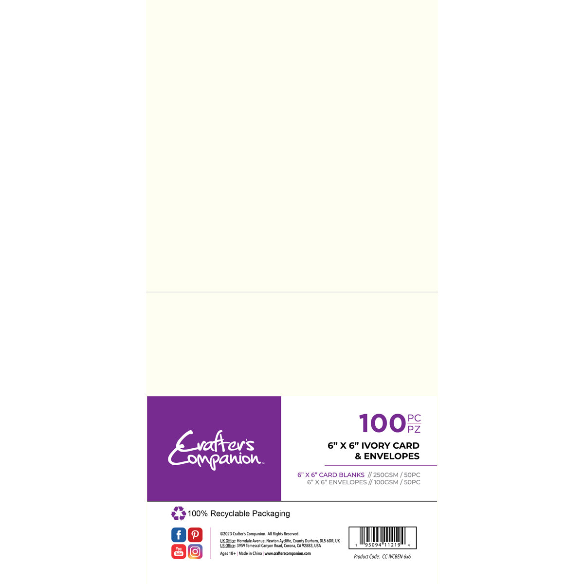 Crafter's Companion - 6"x 6" Card & Envelopes 100 piece - Ivory