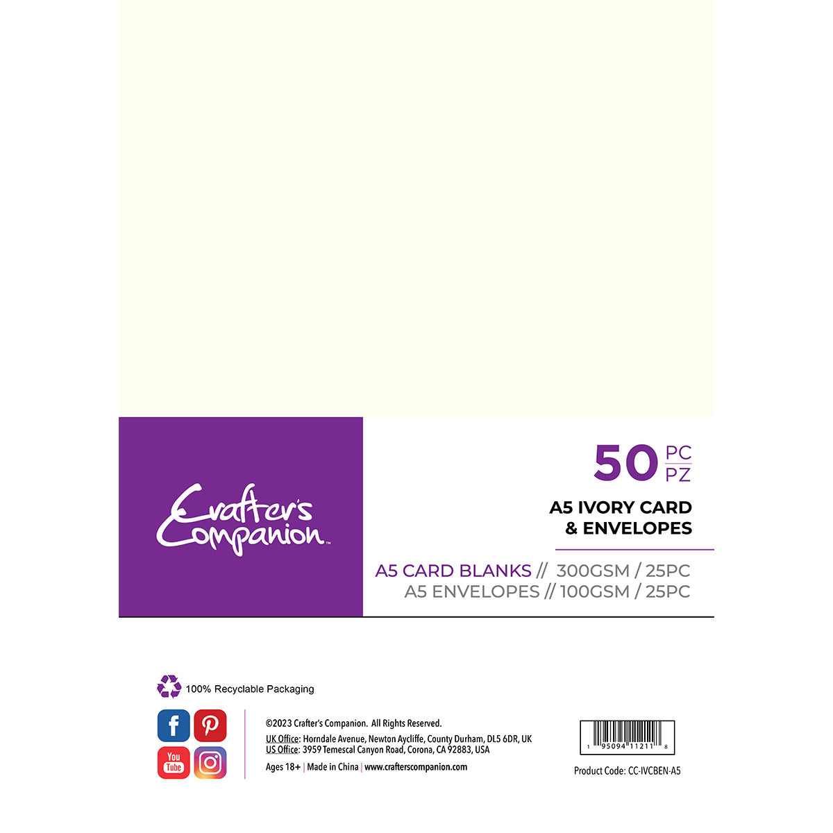 Crafter's Companion - A5 -kaarten en enveloppen 50 -delige - Ivory