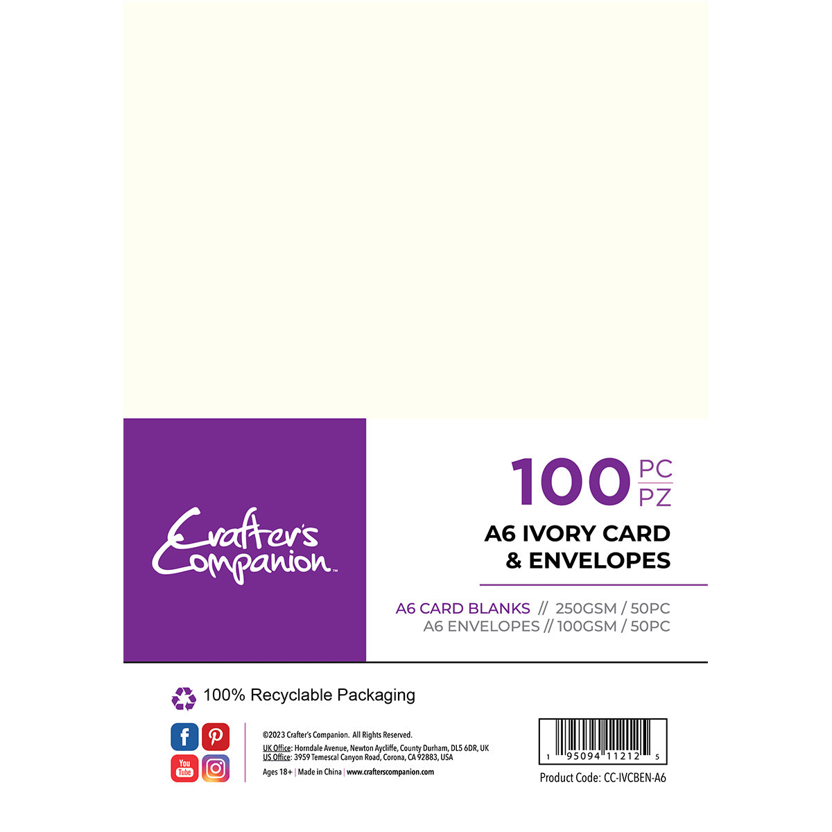 Crafter's Companion - A6 Karten & Umschläge 100 Stück - Elfenbein