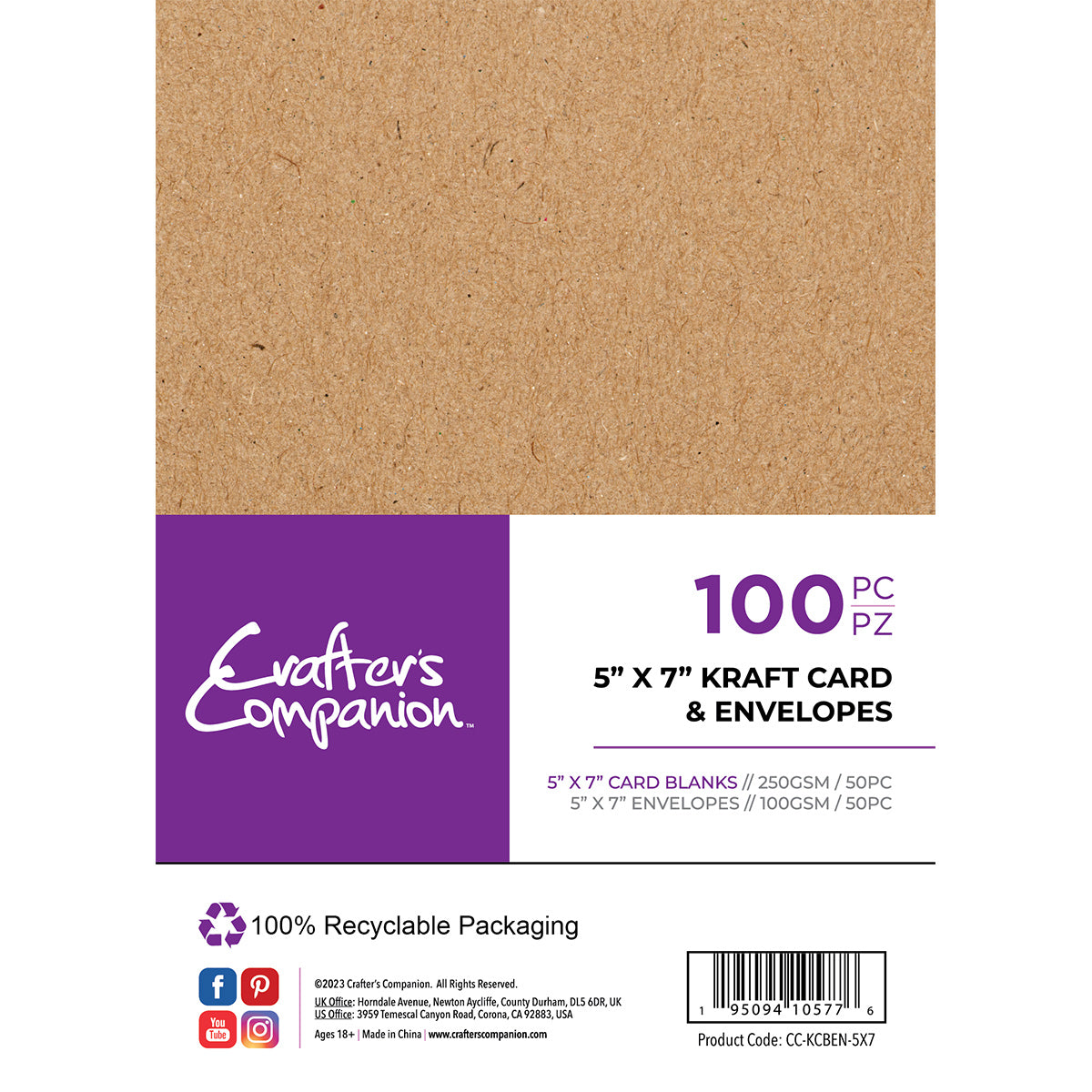 Crafter's Companion - 5 "x 7" kaarten en enveloppen 100 stuks - Kraft