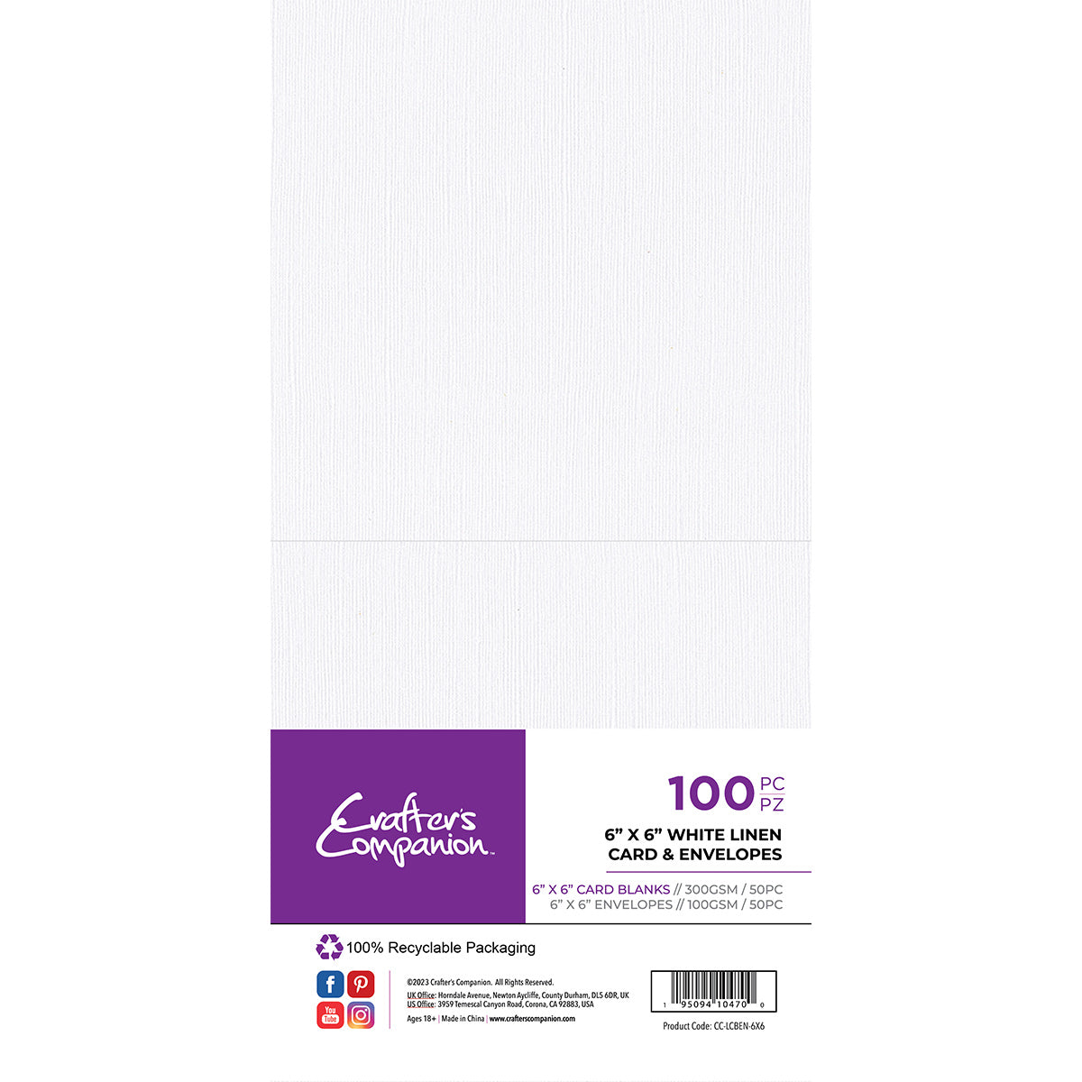 Crafter's Companion - Card et enveloppes de lin 6 "x 6" 100 pièces - Linon blanc