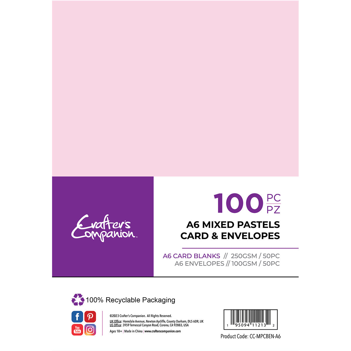 Crafter's Companion - A6 cartes et enveloppes 100 pièces - pastels mixtes
