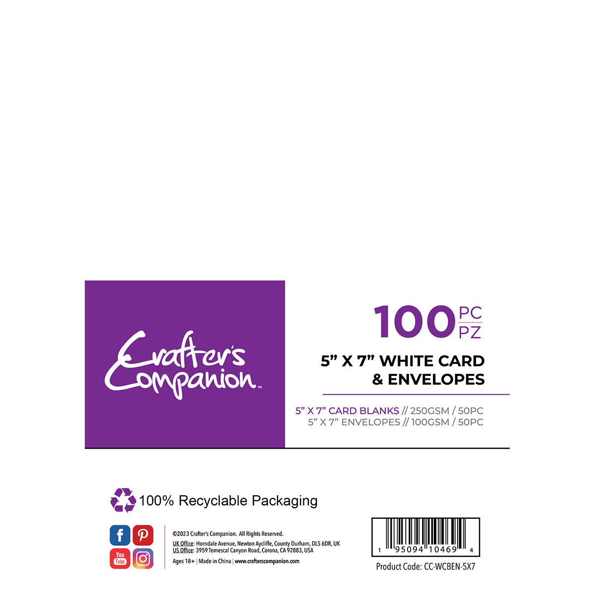 Crafter's Companion - 5 "x 7" kaarten & enveloppen 100 stukjes - wit