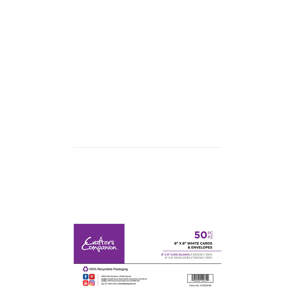 Crafter's Companion - Carte et enveloppes de 8 "x 8" 100 pièces - blanc