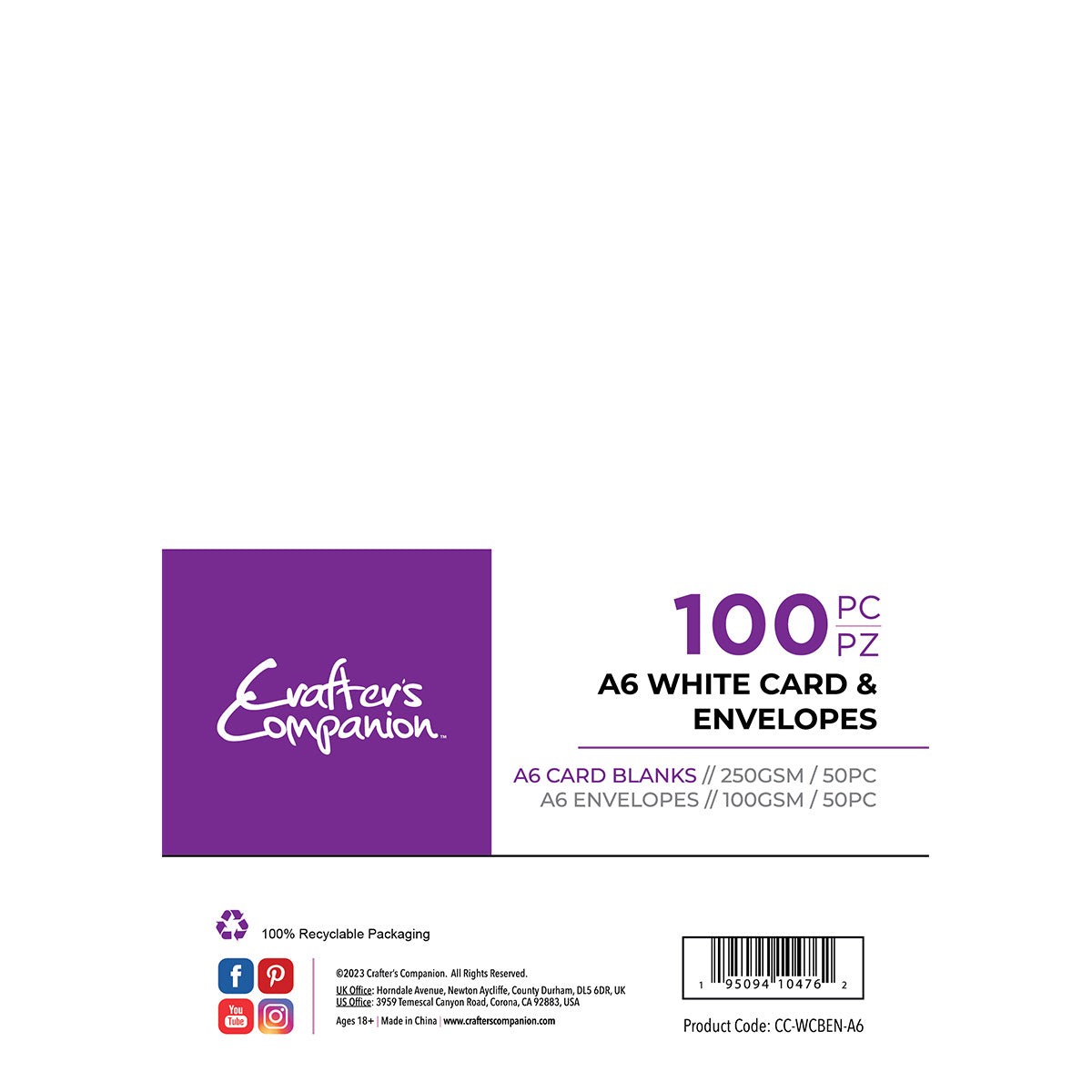 Crafter's Companion - A6 cartes et enveloppes 100 pièces - blanc