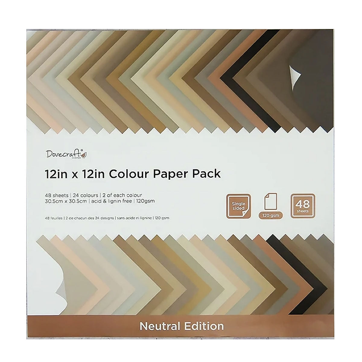 Dovecraft - 12 x 12" -  Coloured Paper Pack 48 sheets - Neutral Edition