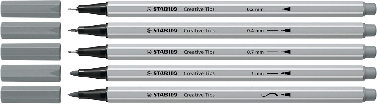 Stabilo - Creative Tips Arty - Black And Grey - 5x Tip Sizes - Wallet of 10