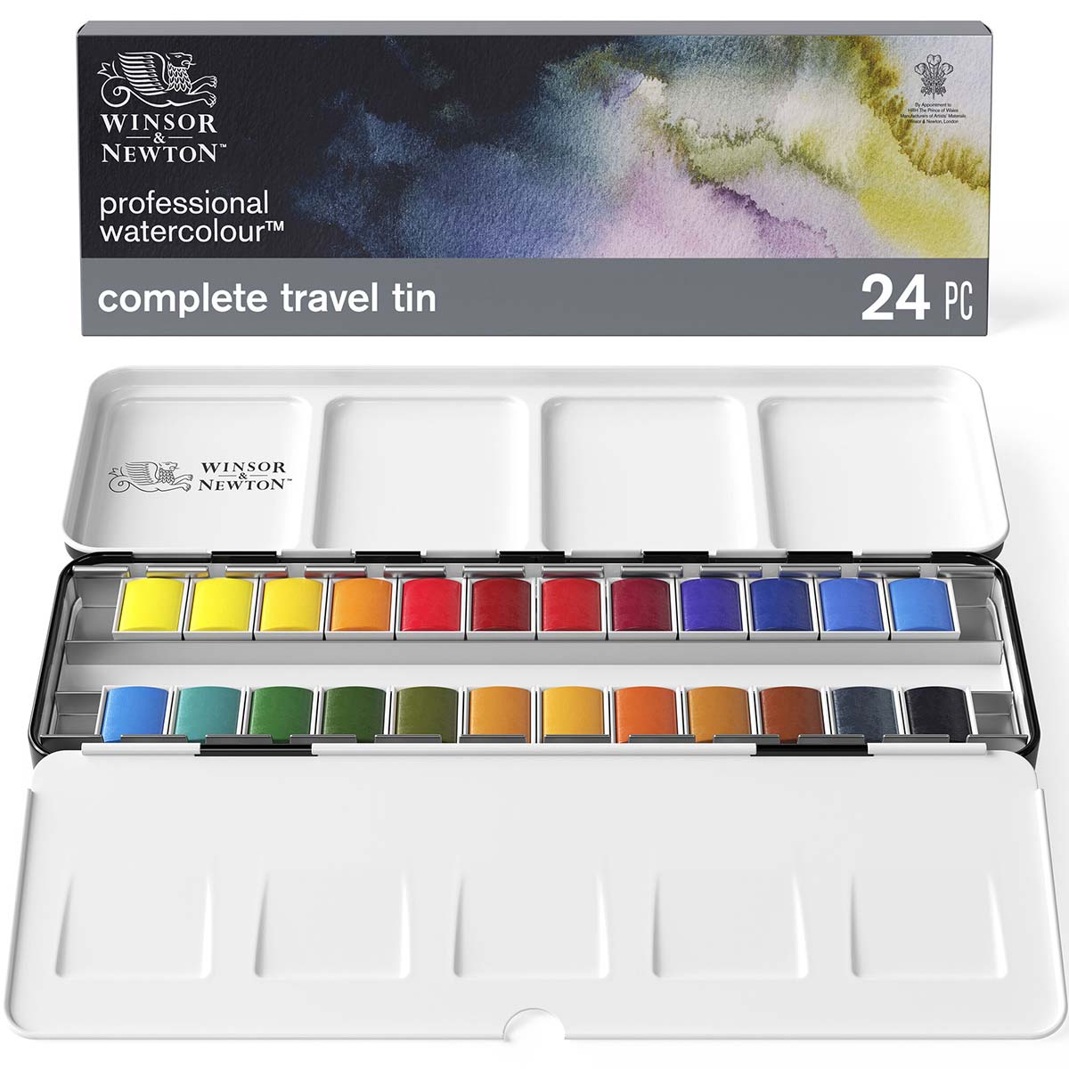 Winsor e Newton - Watercolor di artisti professionisti - scatola in metallo leggero (24 mezze padelle)