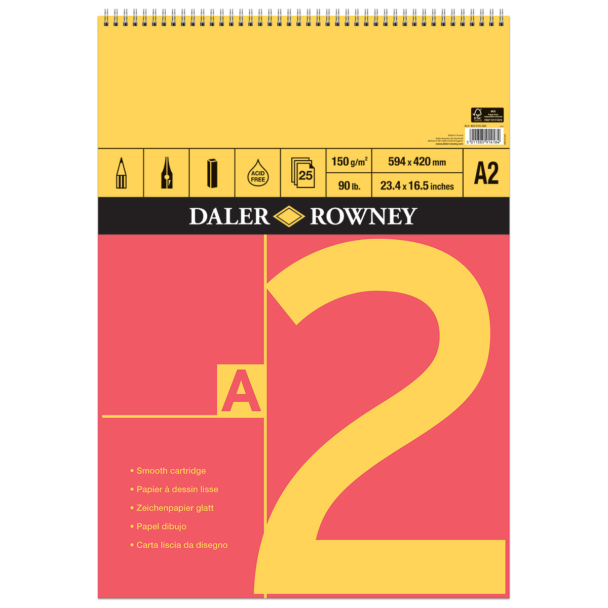 Daler Rowney - Blocco per schizzi a cartuccia a spirale rossa e gialla - A2 - 150 g/m² - 25 fogli
