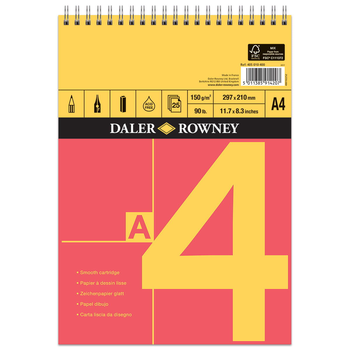 Daler Rowney - Blocco per schizzi a cartuccia a spirale rossa e gialla - A4 - 150 g/m²