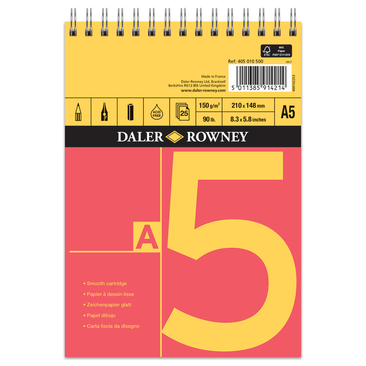 Daler Rowney - Blocco per schizzi a cartuccia a spirale rossa e gialla - A5 - 150 g/m²