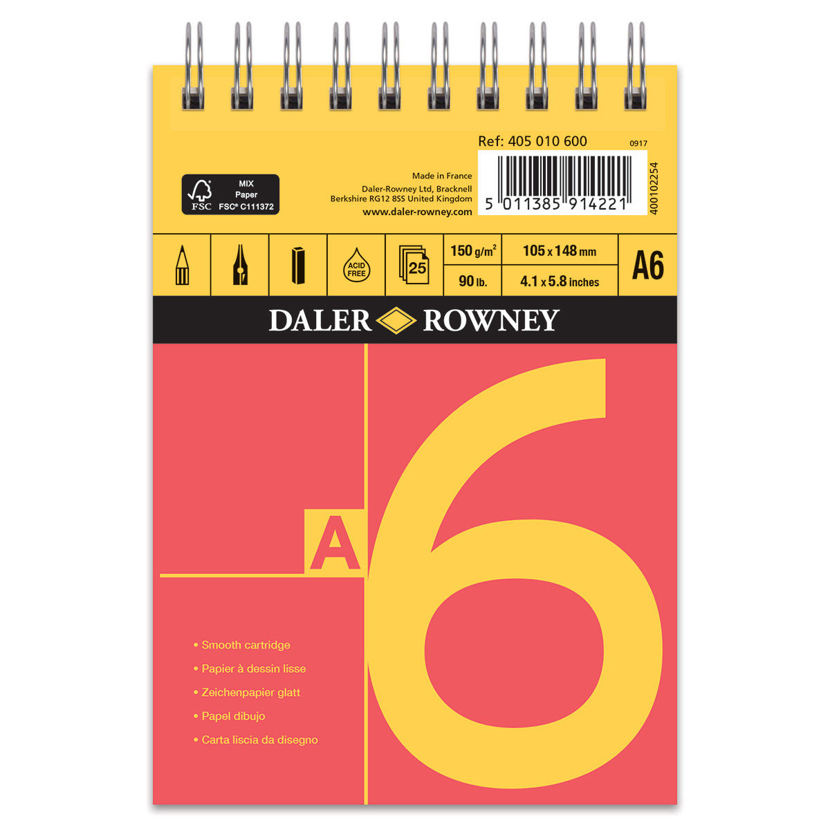 Daler Rowney - Blocco per schizzi a cartuccia a spirale rossa e gialla - A6 - 150 g/m²